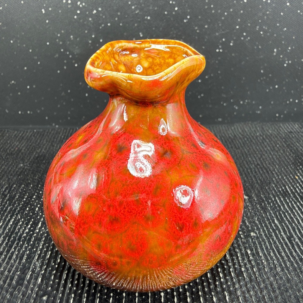 Red Flambe Glaze Ceramic Bud Vase Ruffled Rim Small Round Art Pottery 3in Small